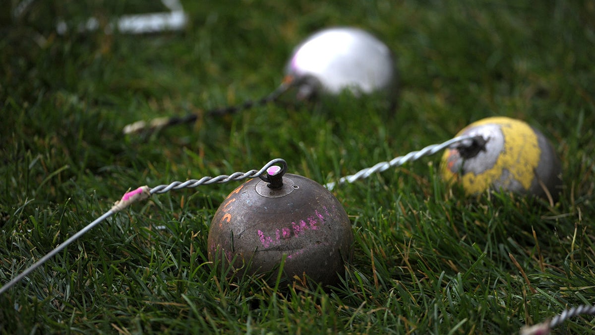 Jun 9, 2011; Des Moines, IA, USA; General view of implements during the women's hammer throw at the 2011 NCAA Track & Field Championships at Drake Stadium.