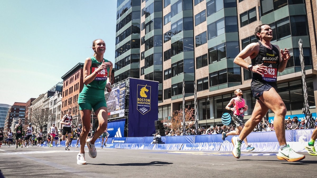Marathon runner Natalie Daniels runs during the Boston Marathon on April 21, 2025.