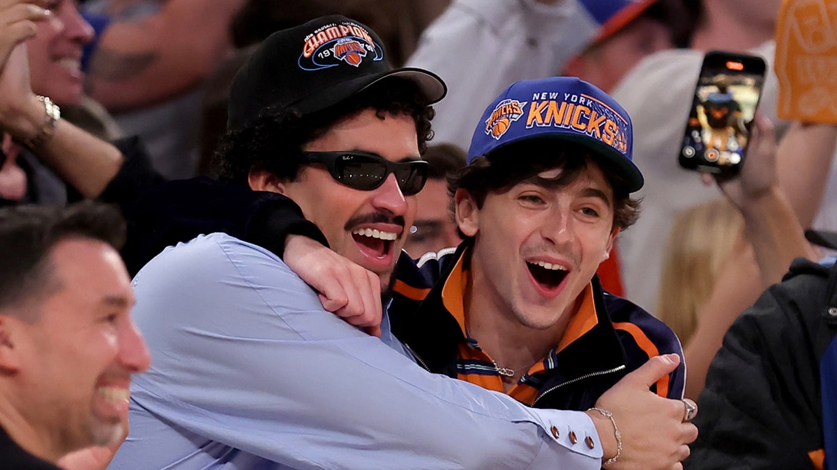 Timothee Chalamet and Bad Bunny react at Knicks game