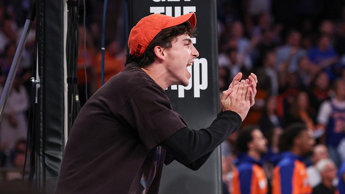 Timothee Chalamet claps at Knicks game