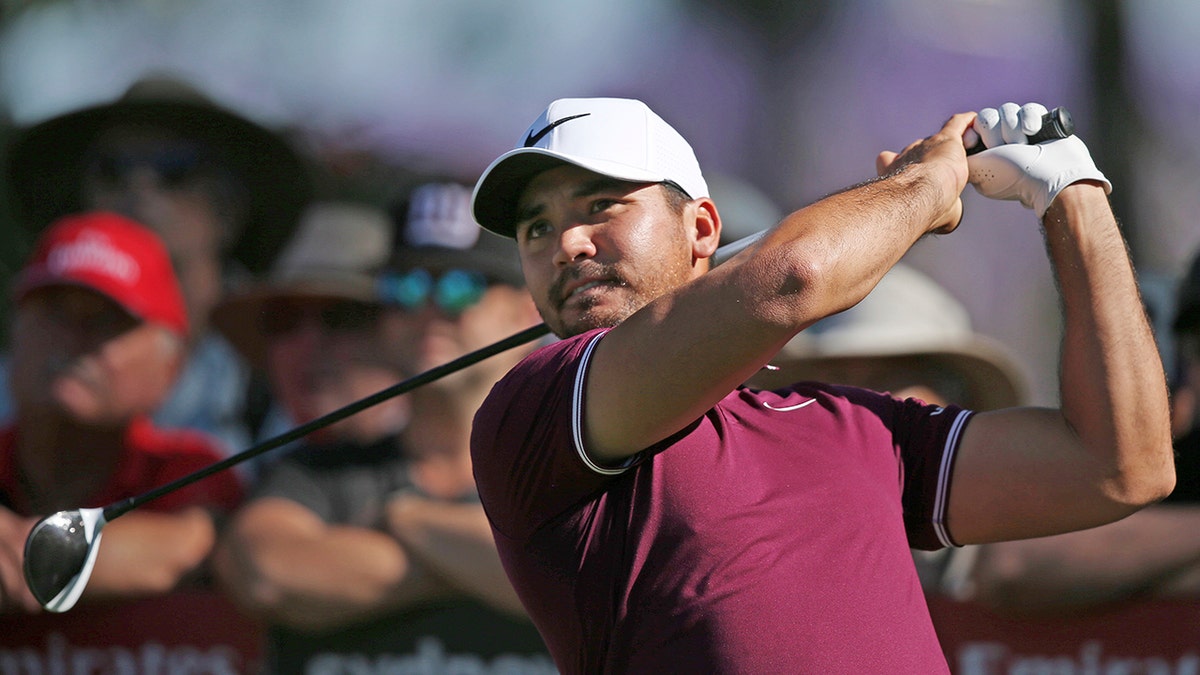 Australia's Jason Day hits from the 17th tee during the opening round of the Australian Open Golf tournament in Sydney, Thursday, Nov. 23, 2017. (AP Photo/Rick Rycroft)