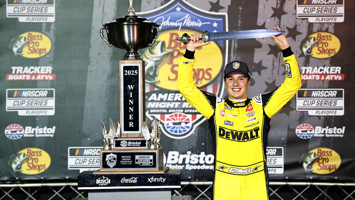 Christopher Bell celebrates after his NASCAR win