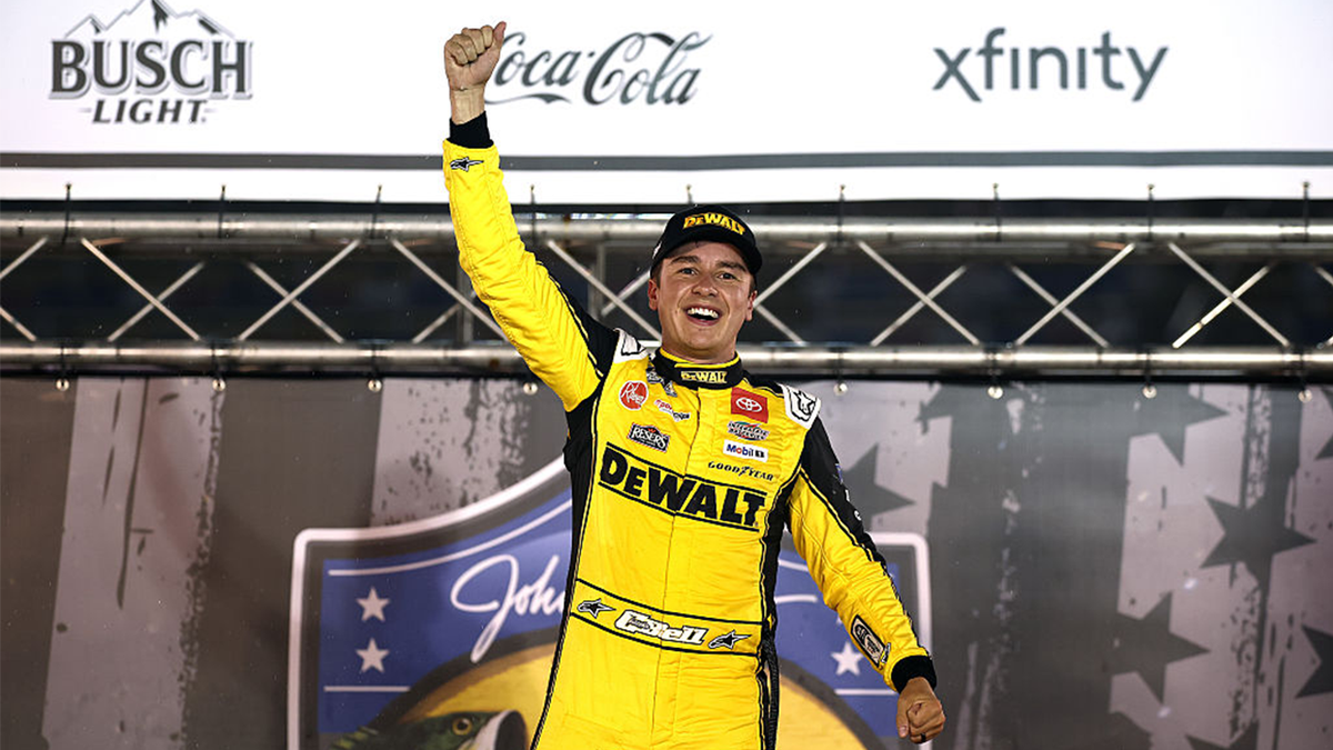 Christopher Bell celebrates in the victory lane after winning the NASCAR Cup Series